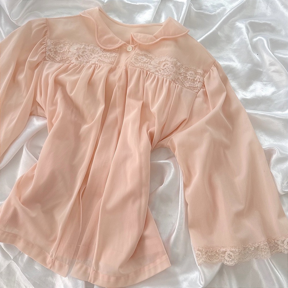 Vintage Peach Sheer Lace Bed Jacket Peter Pan Collar Bell Sleeve Blouse